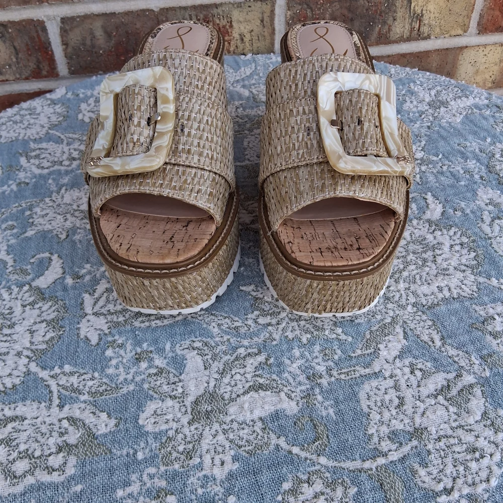 Sam Edelman Raffia Platform Slides 9 Woven Buckle Chunky Sandals Boho Festival - Picture 4 of 17
